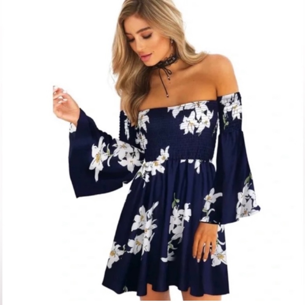 Oneyim off shoulder blue floral dress